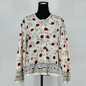 Vtg MOUNTAIN LAKE Cardigan Womens Large White Red Strawberry Floral Cottagecore